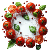 Fresh cherry tomatoes and basil leaves water splash, creating vibrant and refreshing composition. tomatoes are arranged circular pattern, surrounded by droplets and peppercorns, highlighting their png