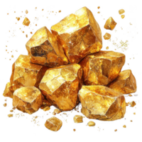 Golden nuggets with shiny, textured surface are scattered in pile, reflecting light. image captures rich, metallic luster and intricate details of gold pieces, evoking sense of wealth and luxury png