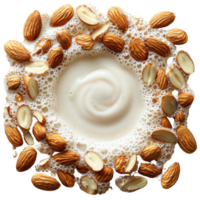 Creamy almond milk surrounded by whole and sliced almonds, creating fresh and nutritious appearance. frothy texture adds sense of freshness and healthiness to composition png