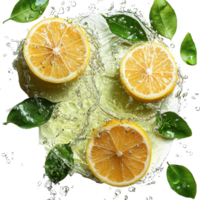 Slices of fresh lemon with green leaves splashing in water, creating refreshing and vibrant scene. citrus fruits are surrounded by droplets, emphasizing freshness and vitality png