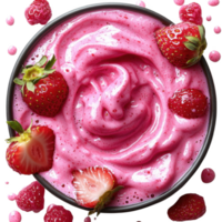 bowl of creamy pink strawberry yogurt topped with fresh strawberries, creating vibrant and appetizing presentation. smooth texture and rich color make it enticing treat png