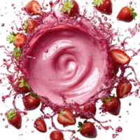 swirl of creamy strawberry yogurt surrounded by fresh strawberries and splashes of juice creates vibrant and appetizing scene png
