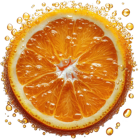 vibrant slice of orange submerged in sparkling water, with bubbles clinging to its surface, creating refreshing and effervescent appearance png