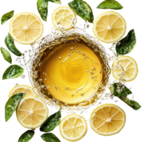 Slices of fresh lemon and green leaves surround splash of golden liquid, creating vibrant and refreshing composition. dynamic motion and bright colors evoke sense of freshness and vitality png