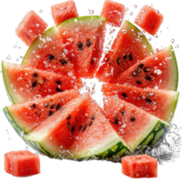 Slices of juicy watermelon with water droplets, surrounded by watermelon cubes, create refreshing and vibrant summer scene png