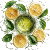 refreshing splash of water surrounds glass with lemon slices and green leaves, creating vibrant and invigorating scene. citrus and foliage elements add natural and fresh touch png