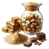 glass jar filled with gold wrapped chocolates is surrounded by gold bars, pile of gold dust, and chocolate pieces with walnuts, creating luxurious and indulgent display png
