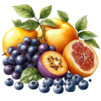 vibrant assortment of fruits including oranges, grapes, blueberries, and halved passion fruit with leaves. composition showcases fresh and colorful nature of fruits png
