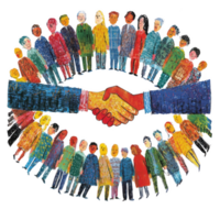 diverse group of people standing in circle around handshake, symbolizing unity and cooperation. colorful illustration highlights community and teamwork png
