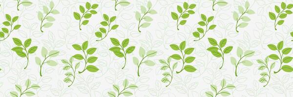 Seamless pattern showcasing delicate branches with green leaves on a white background. Print ornament for fabrics, stationery, home decor, and digital designs with a nature-inspired theme vector