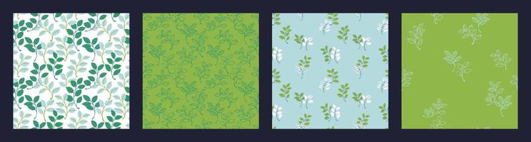Fresh collection of seamless botanical patterns with vibrant green and blue leaf motifs. Perfect for eco-friendly packaging, nature-inspired fabrics, wallpapers, and digital projects. vector