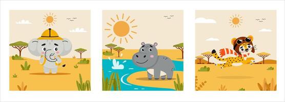 Set of Safari Animals Illustration postcard vector
