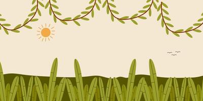 tropical leaves and vines with sun and birds background invitation vector