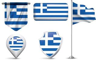 A set of 5 different designs of the Greece national flag in various shapes vector