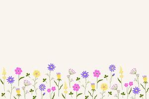 Flowered banner for text. Spring card with tiny blooming field flowers for congratulation, Happy Mother's Day, spring holiday, birthday. For postcards, printing products, print, paper, web vector