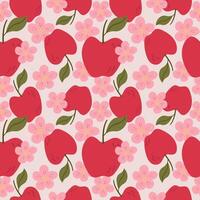 Flower seamless pattern with red Apples and bloom Branch. Repeating pink background with fruits harvest and blossom plants. Hand drawn botanical illustration for design, print, paper, card vector