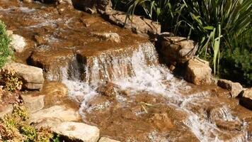 Beautiful stream flowing over rocks in a peaceful garden setting video