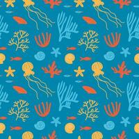 Marine seamless repeating pattern with seashells, corals, underwater world background. Rapport with sea life for design, textile, web, wrapping paper, packaging design, textile. vector