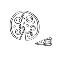 Pizza margherita sketch on isolated background. Hand drawn doodle with Italian dish, flat round from dough with topping of tomato sauce and cheese. Design element for sign, logo, print, label vector