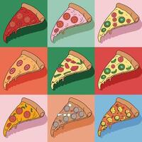 Nine Unique Pizza Slices Showcased in a 3x3 Topping Grid vector