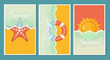 Set of vertical banners with summer elements. Sun, starfish and lifebuoy. Travel leaflets with sea waves and beach. vector