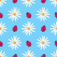 Ladybug, chamomile on a blue background.Seamless pattern. vector
