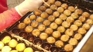 Japanese Takoyaki cooking. street food chef preparing freshly cooked takoyaki. Japan Takoyaki made of batter filled with diced octopus and served hot. Chef places the golden Tako balls in a tray. video