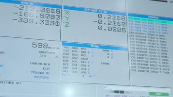 Close up a CNC machine control panel displaying real time tech machining data. including coordinates feed rates and G code programming. automated CNC machining data control panel monitor display. video