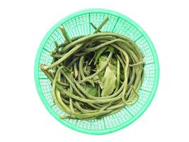 long beans and long bean leaves in plastic basket isolated on white background photo