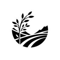 Minimalist Black and White Featuring a Branch, Rolling Hills, and Mountains Within a Circular Frame. vector