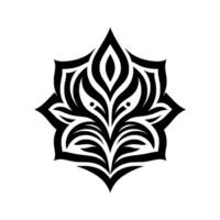 Intricate symmetrical black and white floral pattern design, resembling a stylized flower, featuring sharp petallike shapes and a central motif with eyes. vector