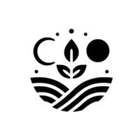 Minimalist Black and White Emblem Featuring a Crescent Moon, Sun, Plant with Leaves, and Rolling Hills, Symbolizing Nature. vector