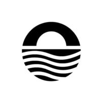 Abstract geometric featuring a black sun above layered waves, set within a circular frame against a white background, evoking minimalism and serenity. vector