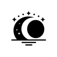 A stylized black and white celestial emblem featuring a crescent moon, stars, a full moon, and horizon lines, all over a white background. vector