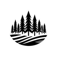 A minimalist monochrome illustration of a forest of evergreen trees perched on a stylized landscape, contained within a circular shape against a stark white background. vector