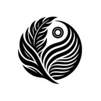 Intricate Yin Yang Featuring Feather Wave Elements, Centered with Eyelike Detail in a Minimalist, Monochromatic Style. vector