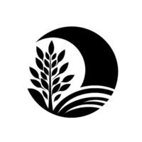 A minimalist monochrome featuring a stylized tree with leaves within a circle, the backdrop depicting rolling fields beneath a crescent moon. vector