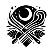 Celestial Crest Stylized black white emblem with a crescent moon, stars, brushes, leaves, and flowing lines. vector