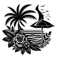 Black and white illustration of a tropical beach scene featuring a palm tree, roses, umbrella, waves, and birds, evoking a serene, vintage vibe. vector