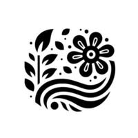 Stylized Black and White Floral Composition A symmetrical of a flower, leaves, and flowing lines in a circular arrangement. vector