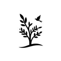 Elegant Black and White Illustration Silhouette of a Leafy Tree with a Flying Bird, Symbolic of Nature Freedom on White. vector