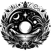 Celestial Mandala Moon, Stars, Birds, and Foliage Embellish a Circular Composition, Evoking Mystical and NatureInspired Harmony in Monochrome vector