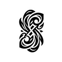 A symmetrical, stylized black and white with swirling lines, resembling organic forms and geometric elements, set against a minimalist white background, creating a visually balanced composition vector