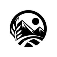 Monochromatic Emblem of Mountain Landscape, Wheat Stalk, and Sun Within a Circular Frame, Evoking Natures Tranquility. vector