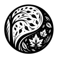 Symbolic Yin Yang featuring a stylized tree and maple leaf motif with contrasting black and white elements, within a circular frame. vector