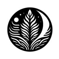 A stylized black and white celestial emblem within a circle featuring a plant, moon phases, and stars on a contrasting white background. vector