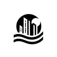 Abstract Black and White Depicting a Skyline of Buildings, a Moon, and Water, Suggesting Modern Urban Development. vector