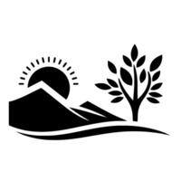 A minimalist black and white landscape features a mountain range with a setting sun and a leafy tree on a curved horizon line. vector