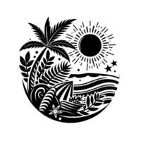 Black and white illustration of a tropical beach scene, with a palm tree, waves, sun, stars, and a decorative circular composition. vector