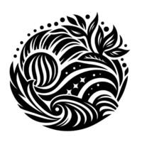 Intricate Black and White Circular Featuring Flowing Waves, Leaves, and Celestial Elements Evoking Natures Harmony. vector